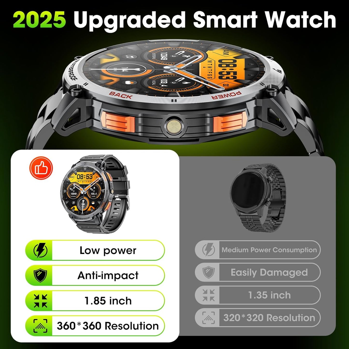 Militärische Smartwatch für Männer mit 1,85" HD-Bildschirm und Taschenlampe