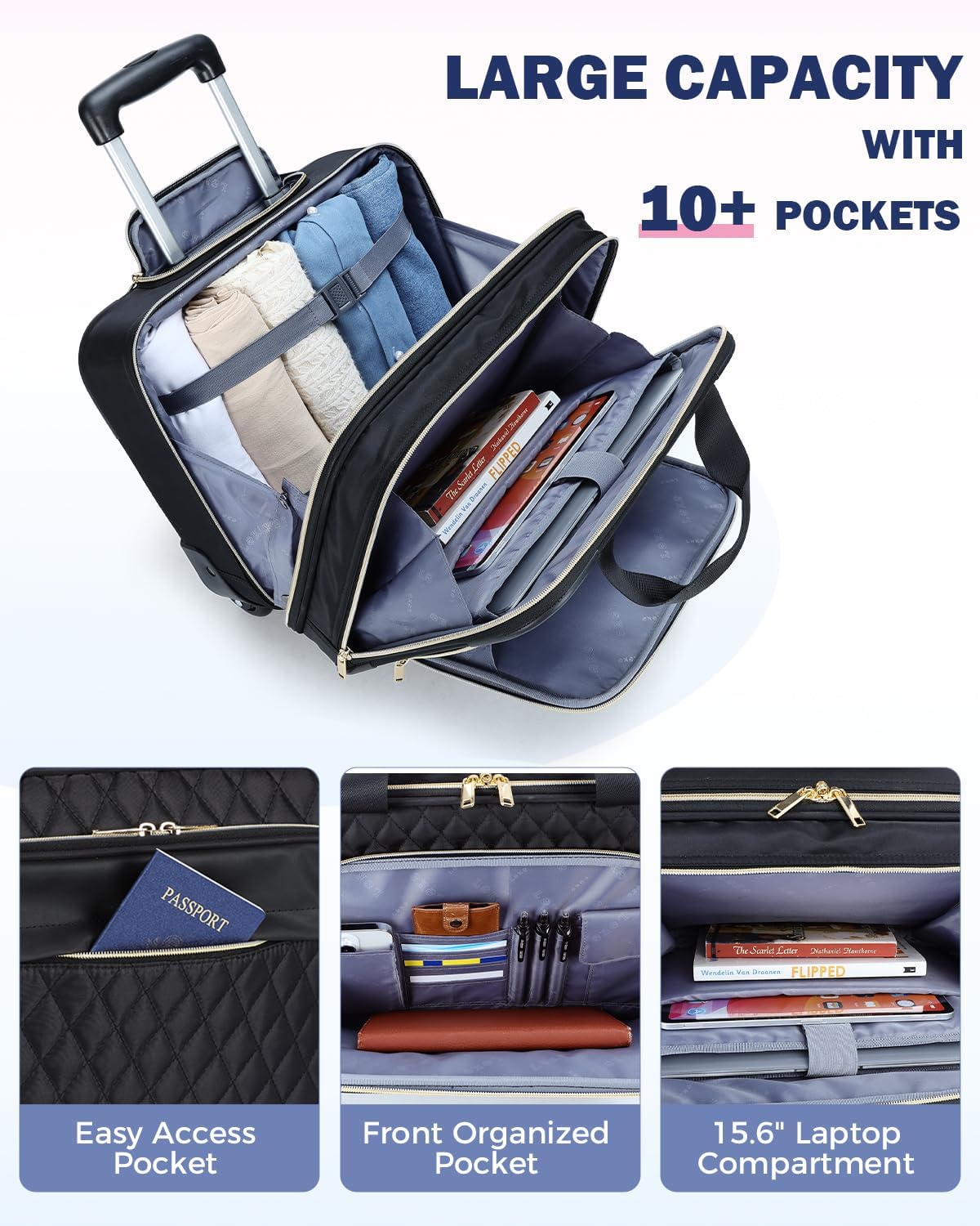 15,6" Rollkoffer für Laptop mit Mehreren Fächern & Flugzeugzugelassene Abmessungen