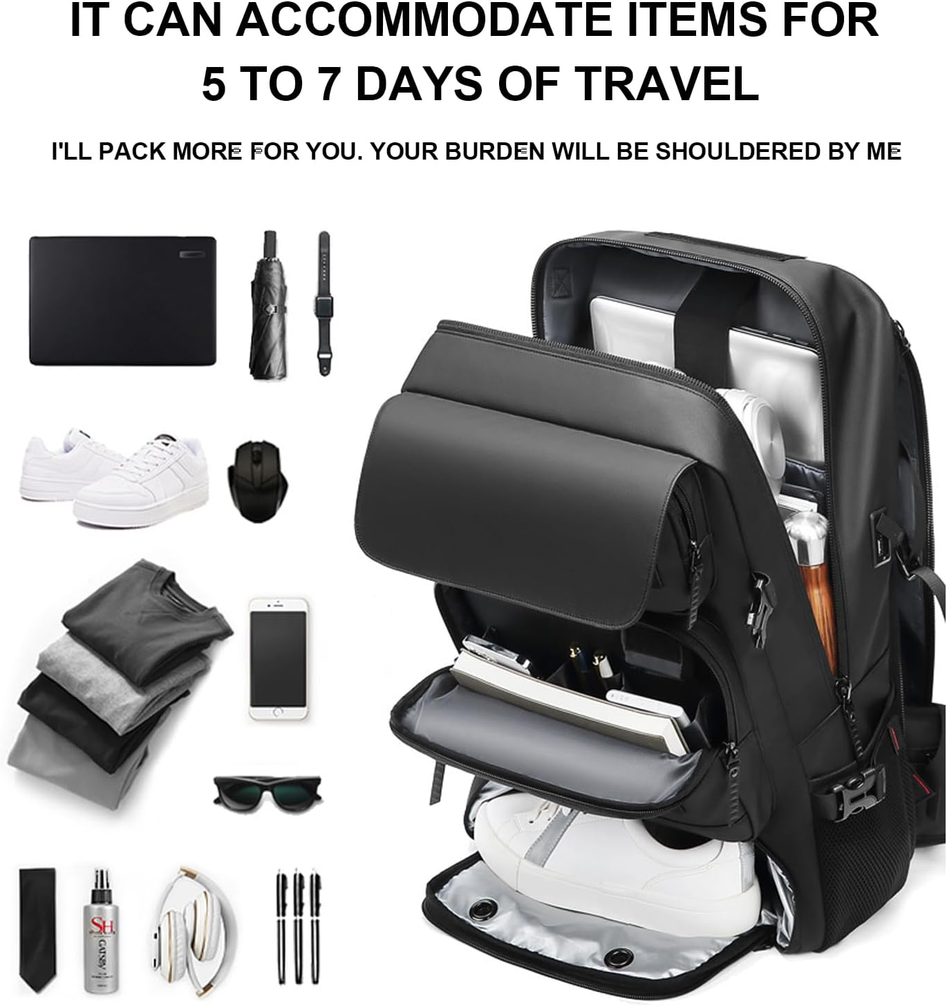 50L wasserdichter Reiserucksack mit Schuhfach und USB-Anschluss