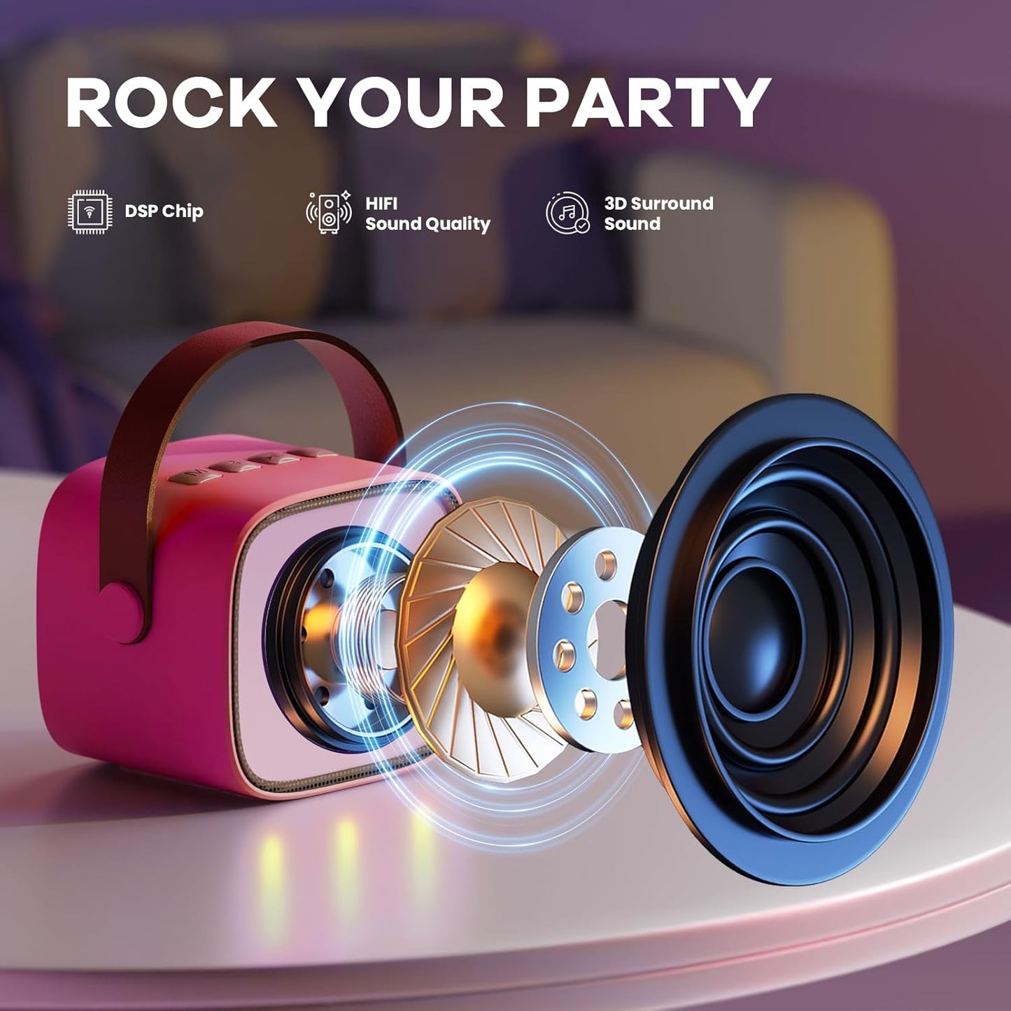 Tragbare Mini-Karaoke-Maschine mit Bluetooth-Lautsprecher und 2 kabellosen Mikrofonen – Veylo