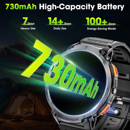 Militärische Smartwatch für Männer mit 1,85" HD-Bildschirm und Taschenlampe