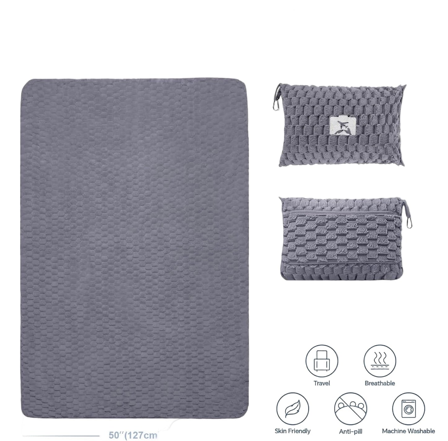 Packable Flanell-Reise-Decke mit Kissentasche und Gepäckschlitz – Trevora