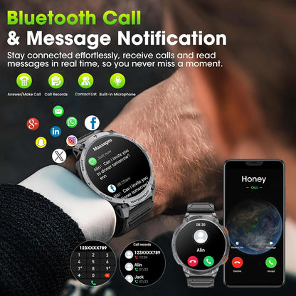 Militärische Smartwatch für Männer mit 1,85" HD-Bildschirm und Taschenlampe