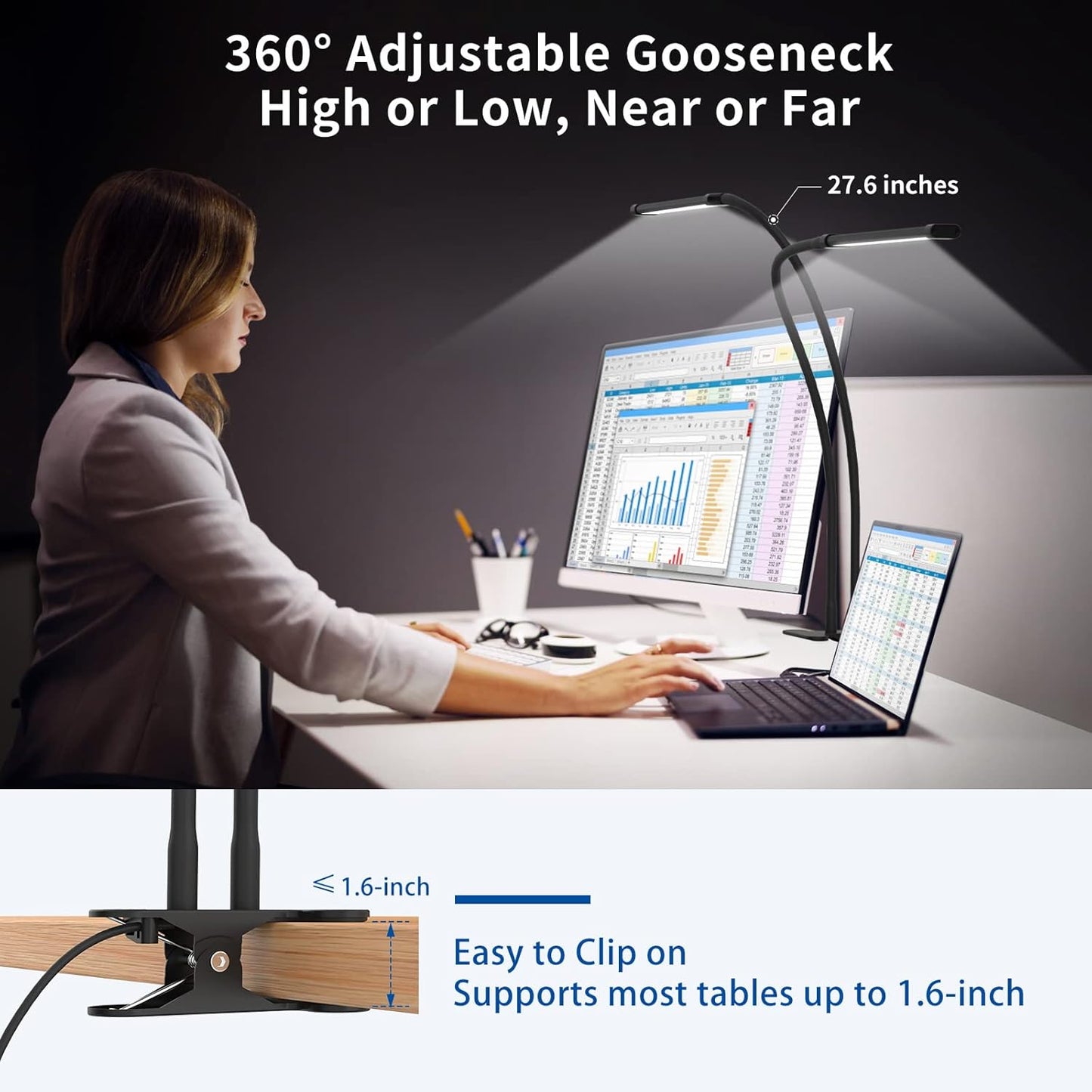 77 LED Schreibtisch-Klemmleuchte mit 70 cm flexiblem Schwanenhals – Ravien