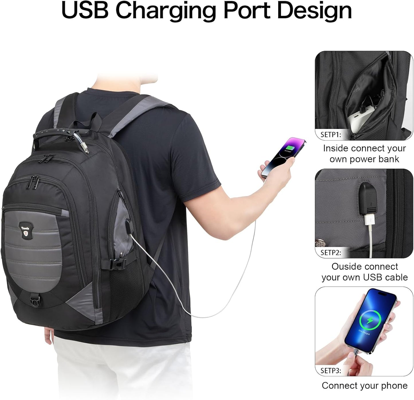 Wasserdichter Anti-Diebstahl Laptop- & Reiserucksack mit USB-Anschluss – 17,3"