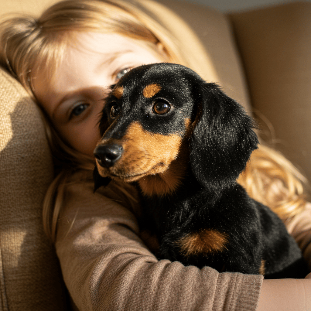 Kind kuschelt einen goldenen Plüschhund aus Polyester.