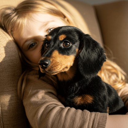 Kind kuschelt einen goldenen Plüschhund aus Polyester.