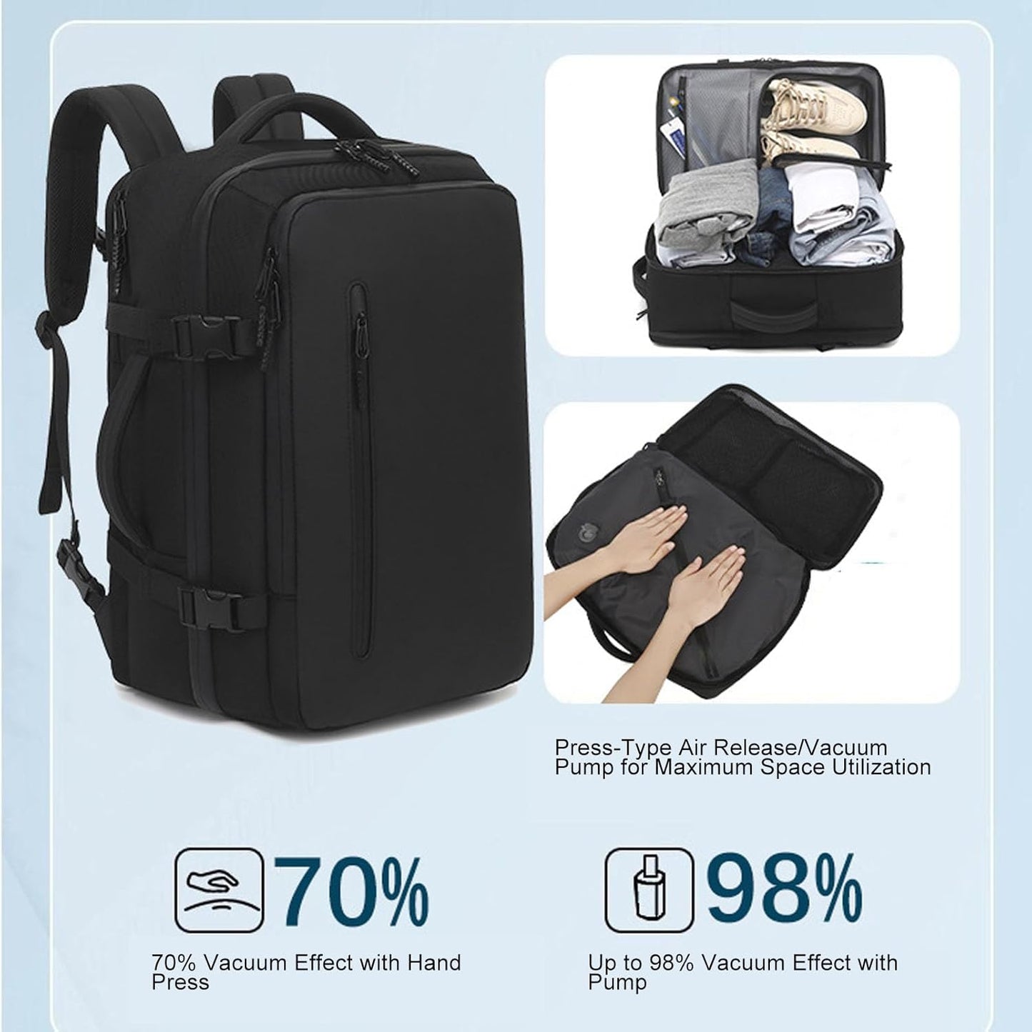 Erweiterbarer Vakuum-Reiserucksack 56–75L mit Pumpe – Dravion