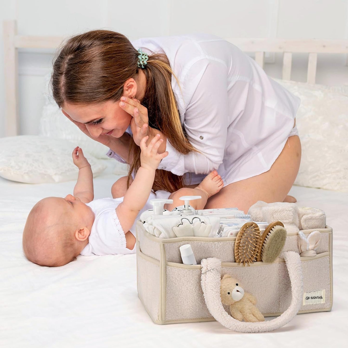 Baby Nappy Caddy Organizer – Plüsch Sherpa Aufbewahrungskorb mit Fächern – Elvoria
