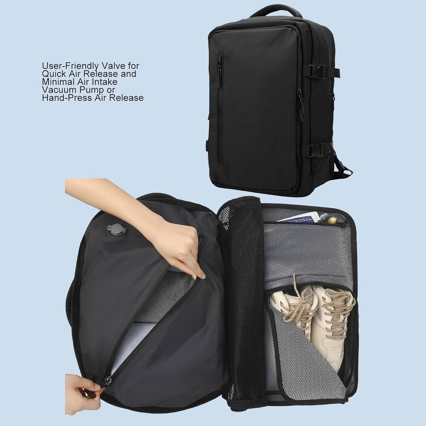 Erweiterbarer Vakuum-Reiserucksack 56–75L mit Pumpe – Dravion