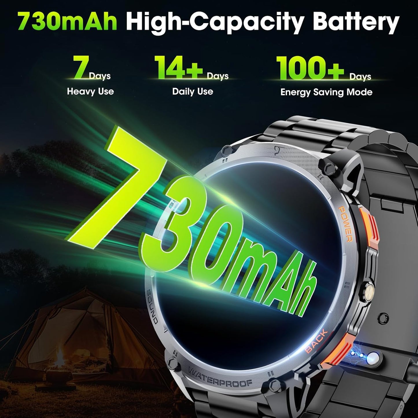 Militärische Smartwatch für Männer mit 1,85" HD-Bildschirm und Taschenlampe