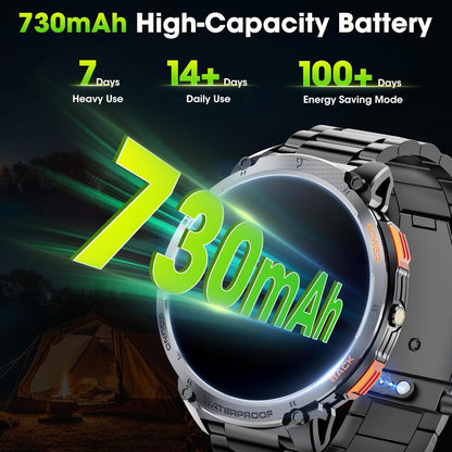 Militärische Smartwatch für Männer mit 1,85" HD-Bildschirm und Taschenlampe