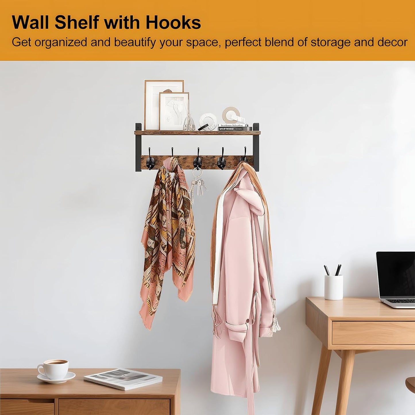 Wandgarderobe mit Regal und 5 Metallhaken – Ravora