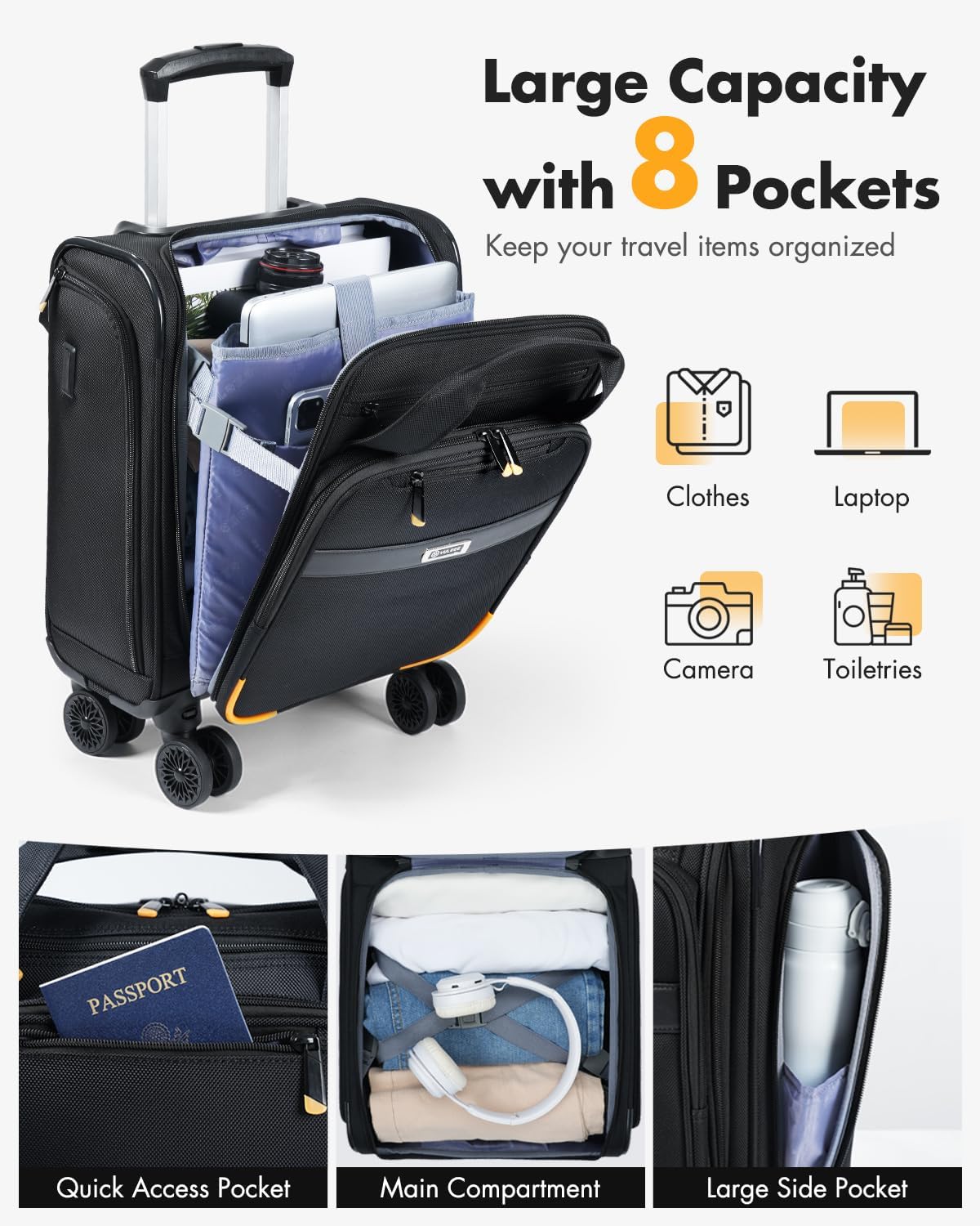 Fluggesellschaft-zugelassenes Unter-Sitz-Handgepäck mit Spinner-Rädern und Laptopfach