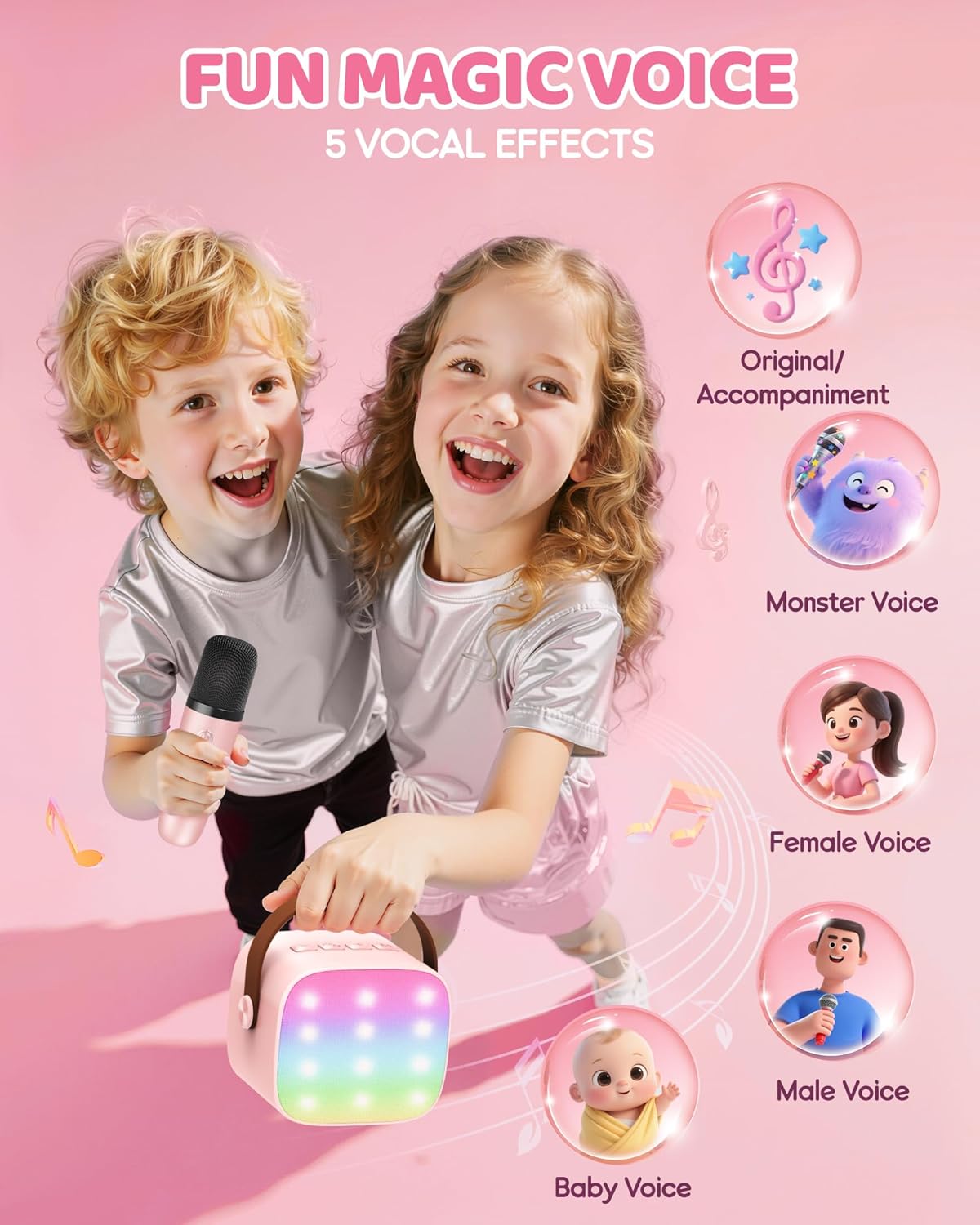 Tragbare Mini-Karaoke-Maschine mit Bluetooth-Lautsprecher und 2 kabellosen Mikrofonen – Veylo