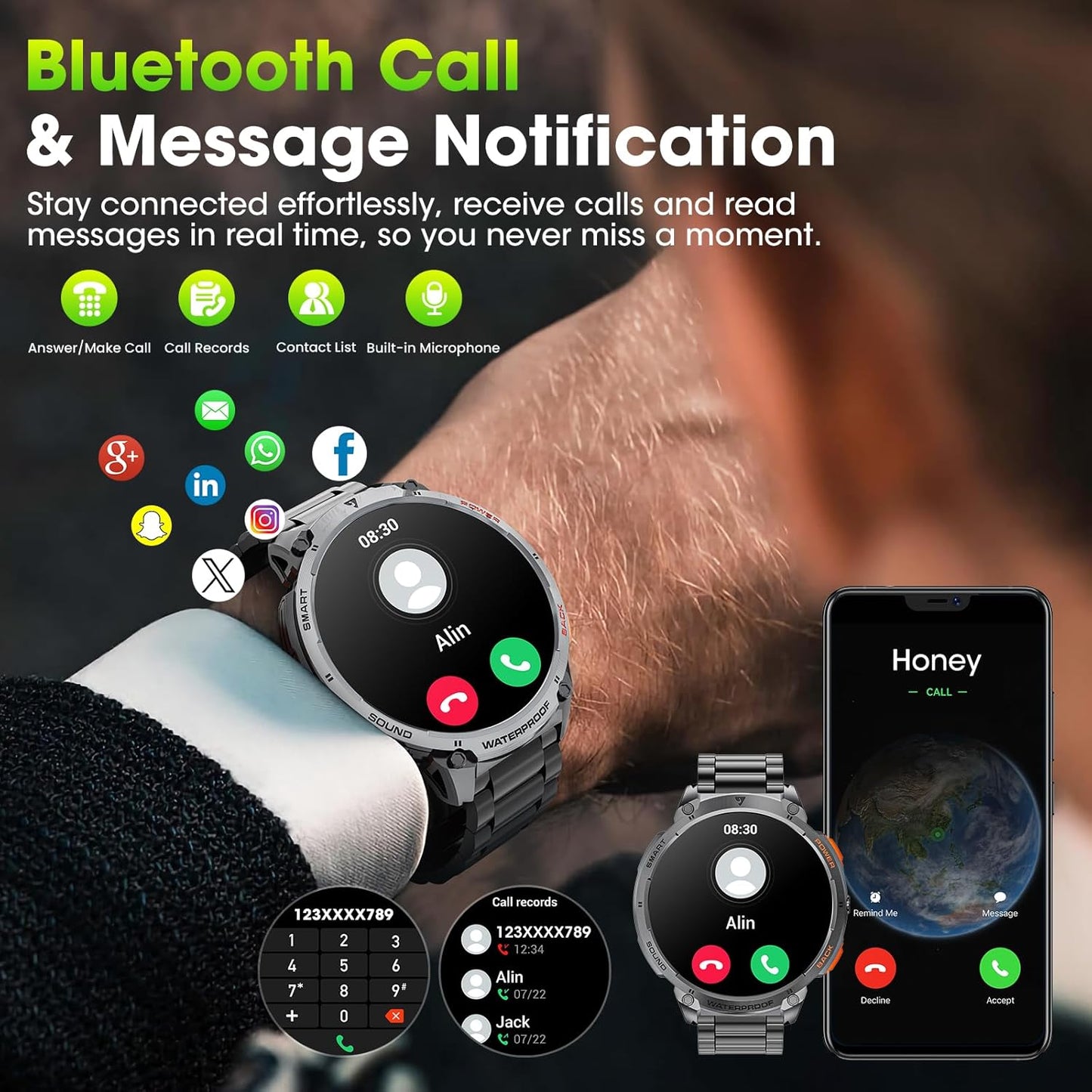 Militärische Smartwatch für Männer mit 1,85" HD-Bildschirm und Taschenlampe