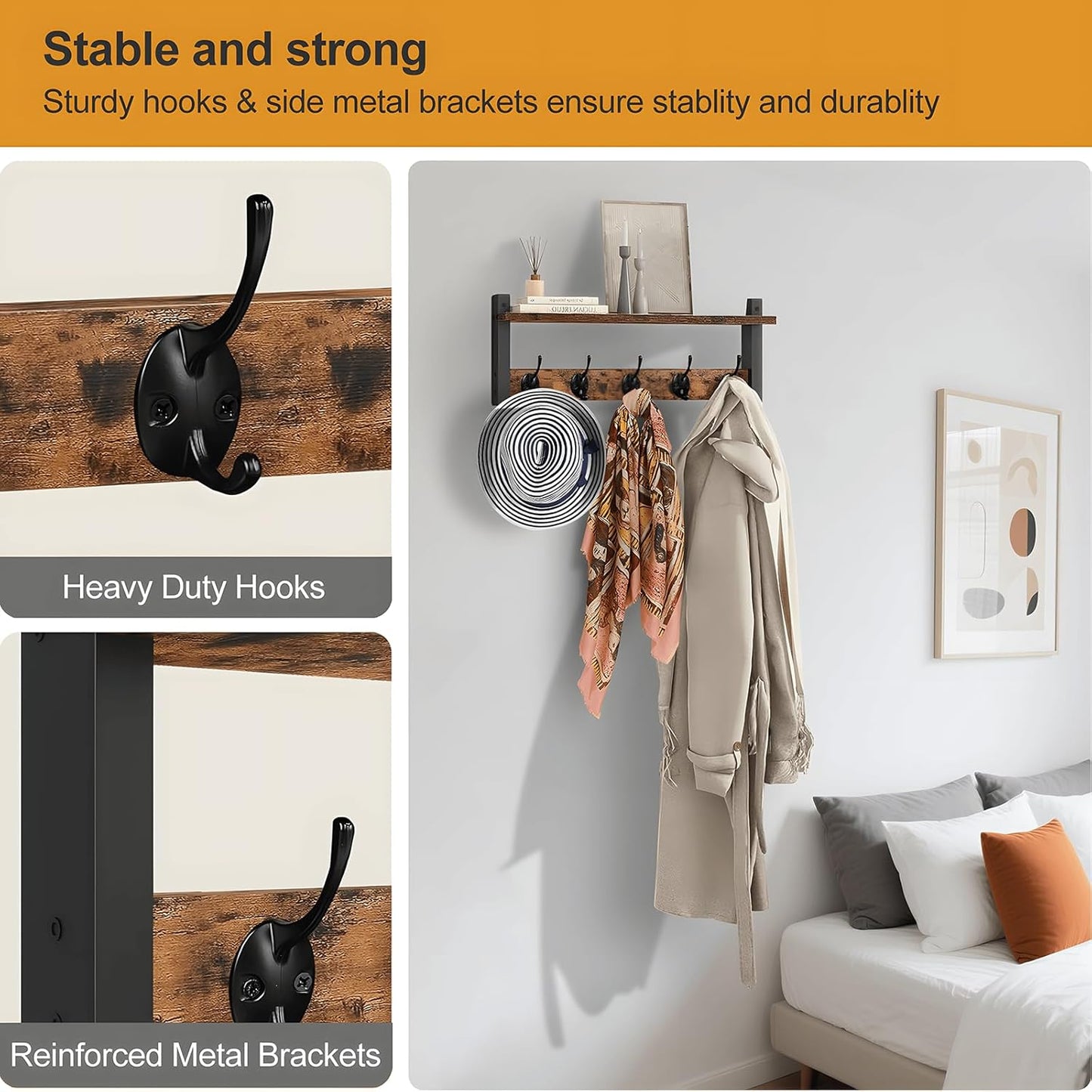 Wandgarderobe mit Regal und 5 Metallhaken – Ravora