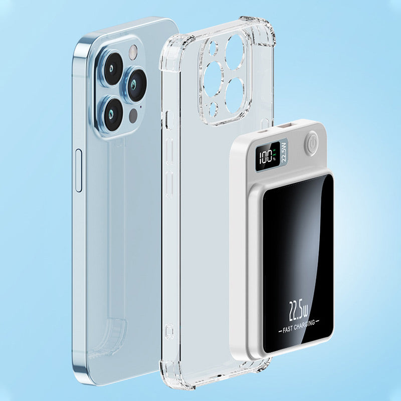 Weißes Ladegerät neben einem blauen Smartphone mit transparenter Schutzhülle, magnetisch angebracht.