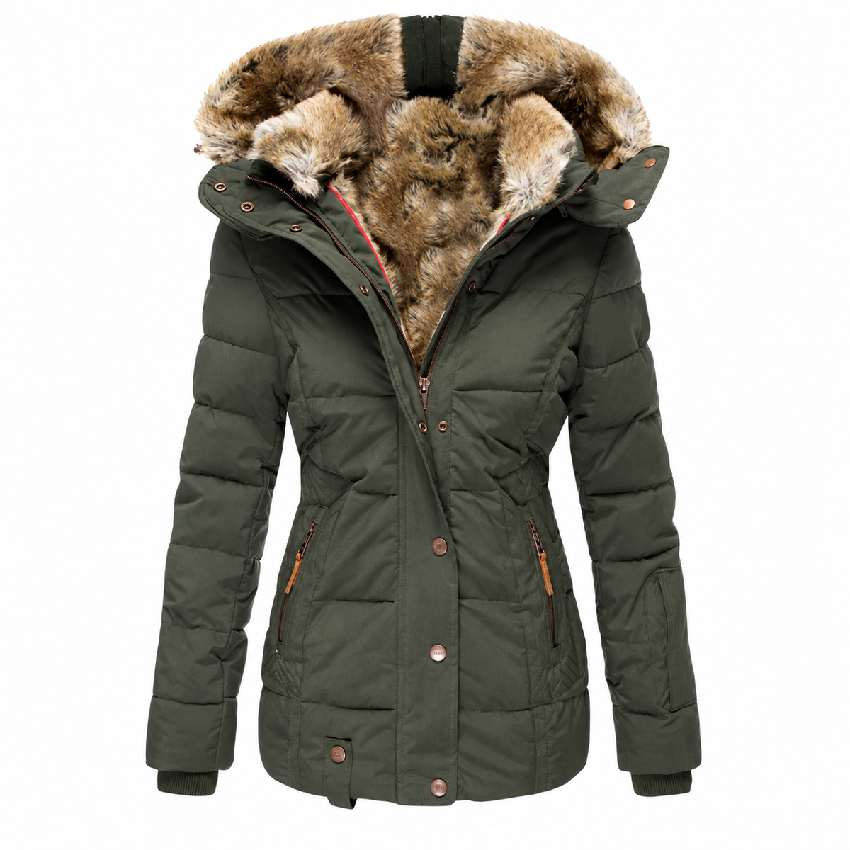 Olivgrüner gesteppter Parka mit Kunstfellkapuze und flauschigem Futter, offen von vorn fotografiert 4