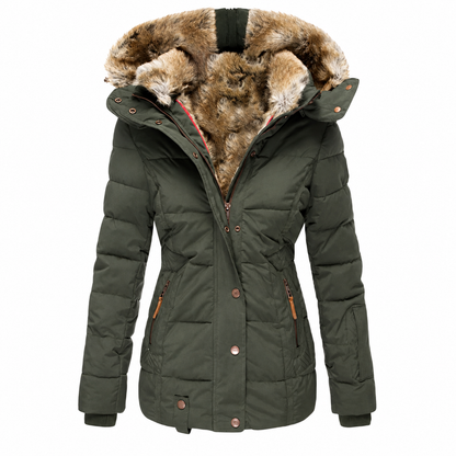 Olivgrüner gesteppter Parka mit Kunstfellkapuze und flauschigem Futter, offen von vorn fotografiert 4
