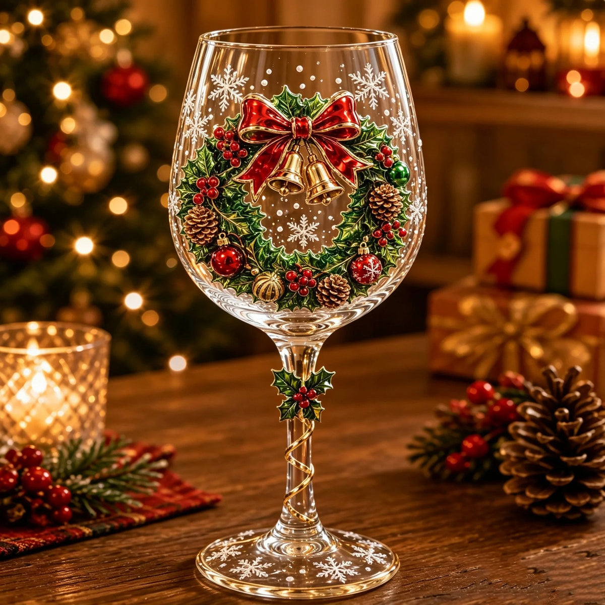 Weinglas mit plastischem Weihnachtskranz aus Stechpalmenzweigen, Tannenzapfen, roter Schleife und goldenen Glöckchen 5