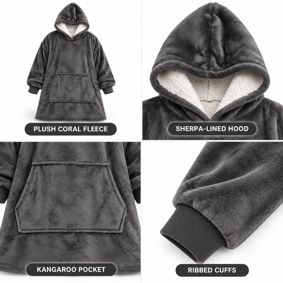 Vierfach-Collage der dunkelgrauen Ultraweiche Oversize-Sherpa-Hoodie-Decke (mit Tasche) mit Detailansichten.