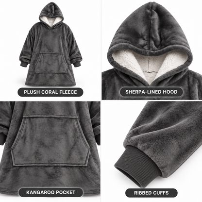 Vierfach-Collage der dunkelgrauen Ultraweiche Oversize-Sherpa-Hoodie-Decke (mit Tasche) mit Detailansichten.