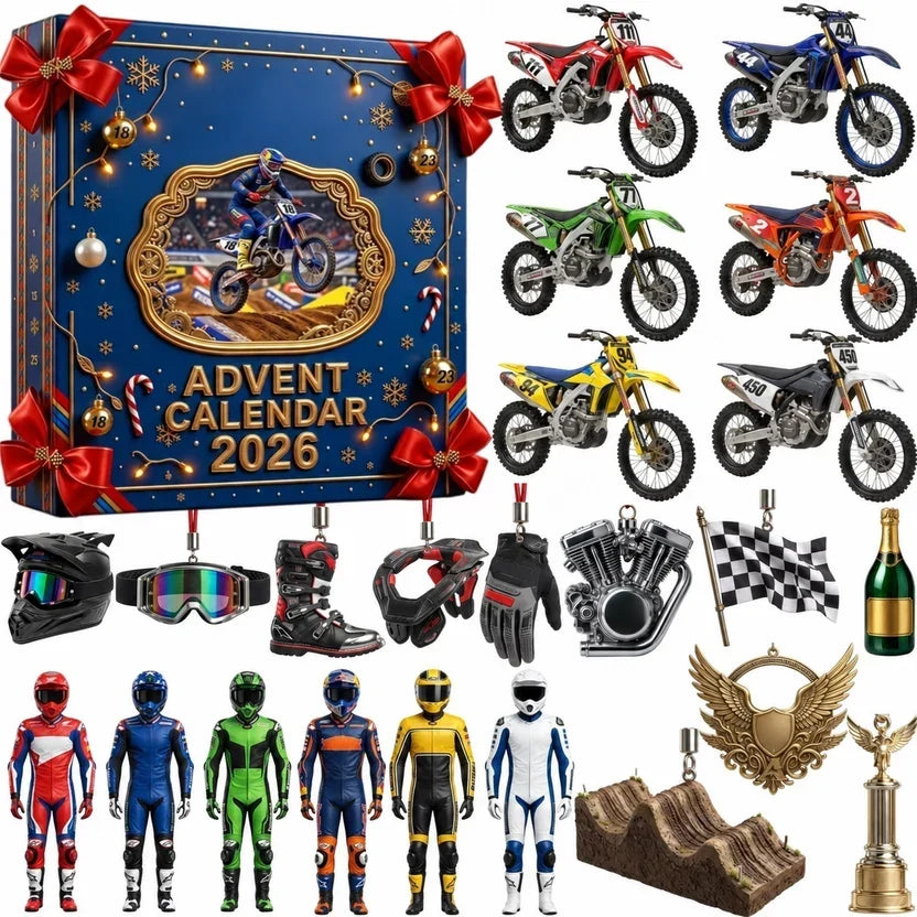 Blaue Schachtel mit roten Schleifen, daneben Motocross-Motorräder, Fahrerfiguren, Helm, Stiefel, Pokal und weiteres Zubehör 3