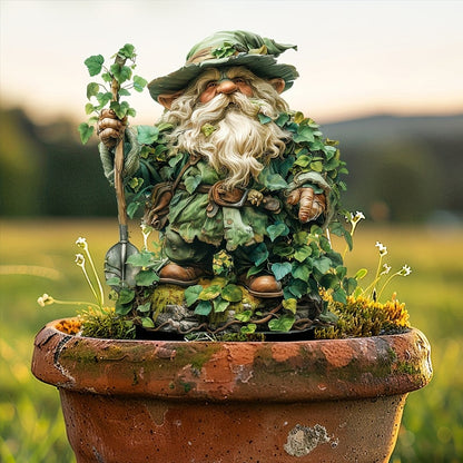 Acrylic Gartenstecker mit Gartenwichtel mit Hut, Bart und Spaten im Terrakotta-Topf