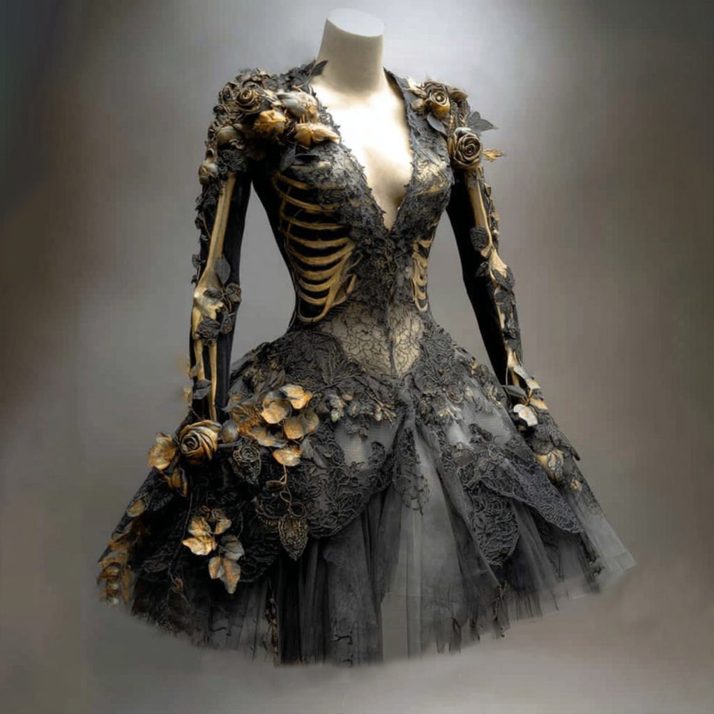 Schwarzes Damen-Minikleid mit goldenen Skelettrippen, Spitze, Rosenapplikationen und Tüllrock auf einer Schneiderpuppe.