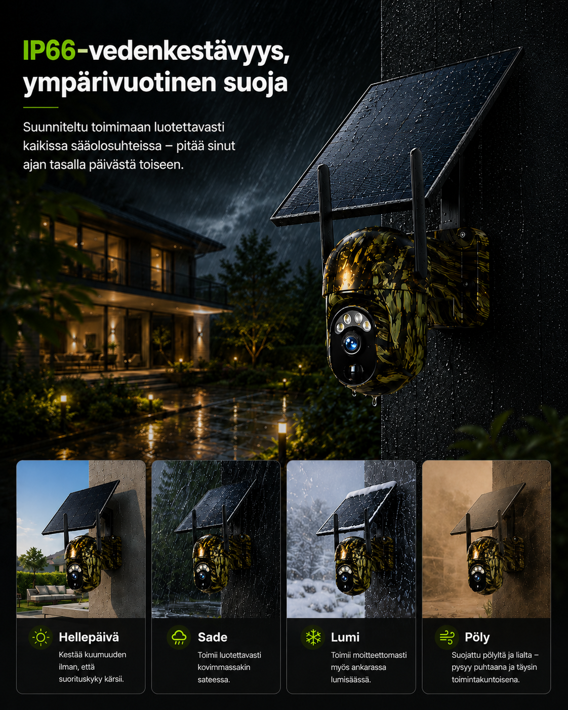 Tarn-Sicherheitskamera mit Solarpanel an einer Hauswand bei Regen und Nacht