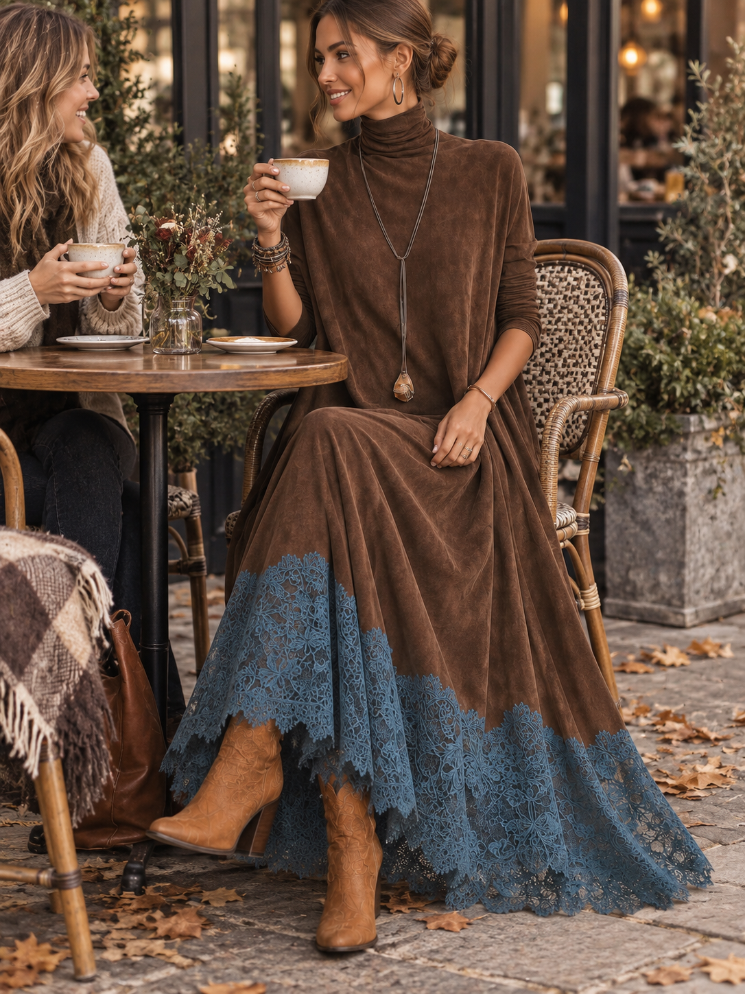 Model im braunen Kleid mit blauer Spitze sitzt lächelnd mit Kaffeetasse in einem Café im Freien 6