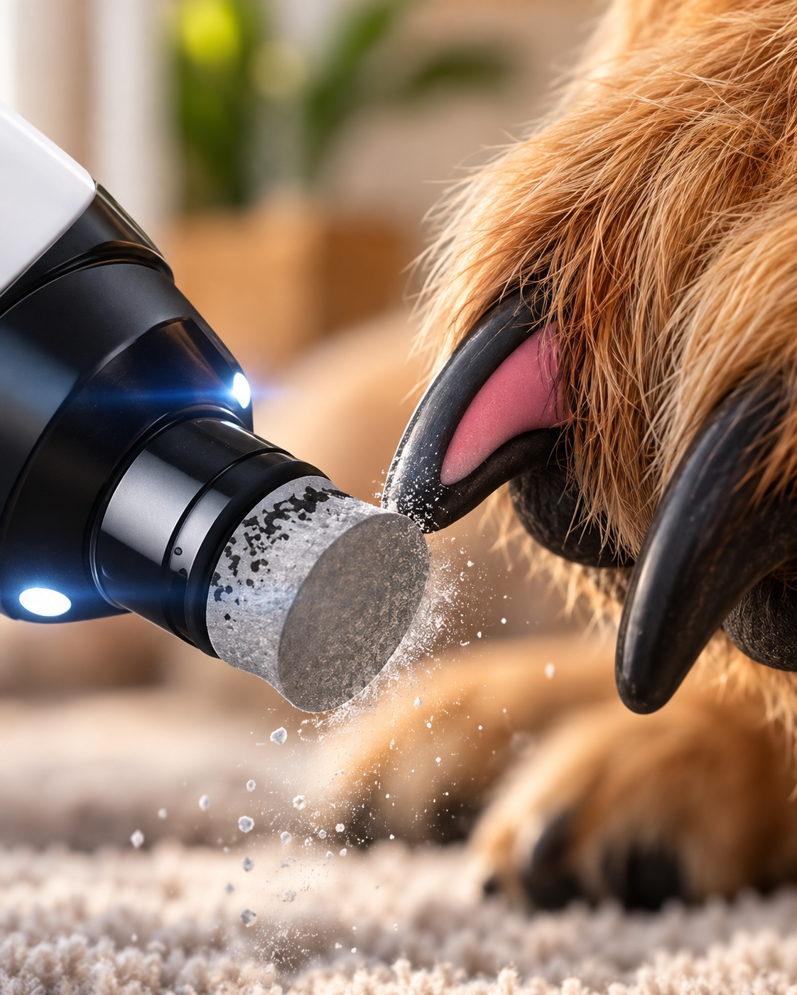 Makroaufnahme des Schleifkopfs mit Staubpartikeln an einer dunklen Hundekralle, seitlich leuchten kleine Lichter 6
