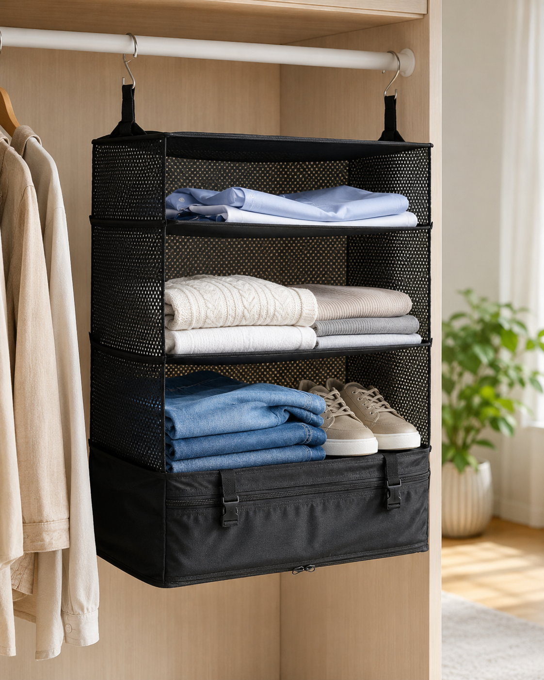 Schräge Nahansicht des aufgehängten Organizers mit Netzseiten, Hemden, Pullovern, Jeans und Schuhen sowie Reißverschlussfach 12