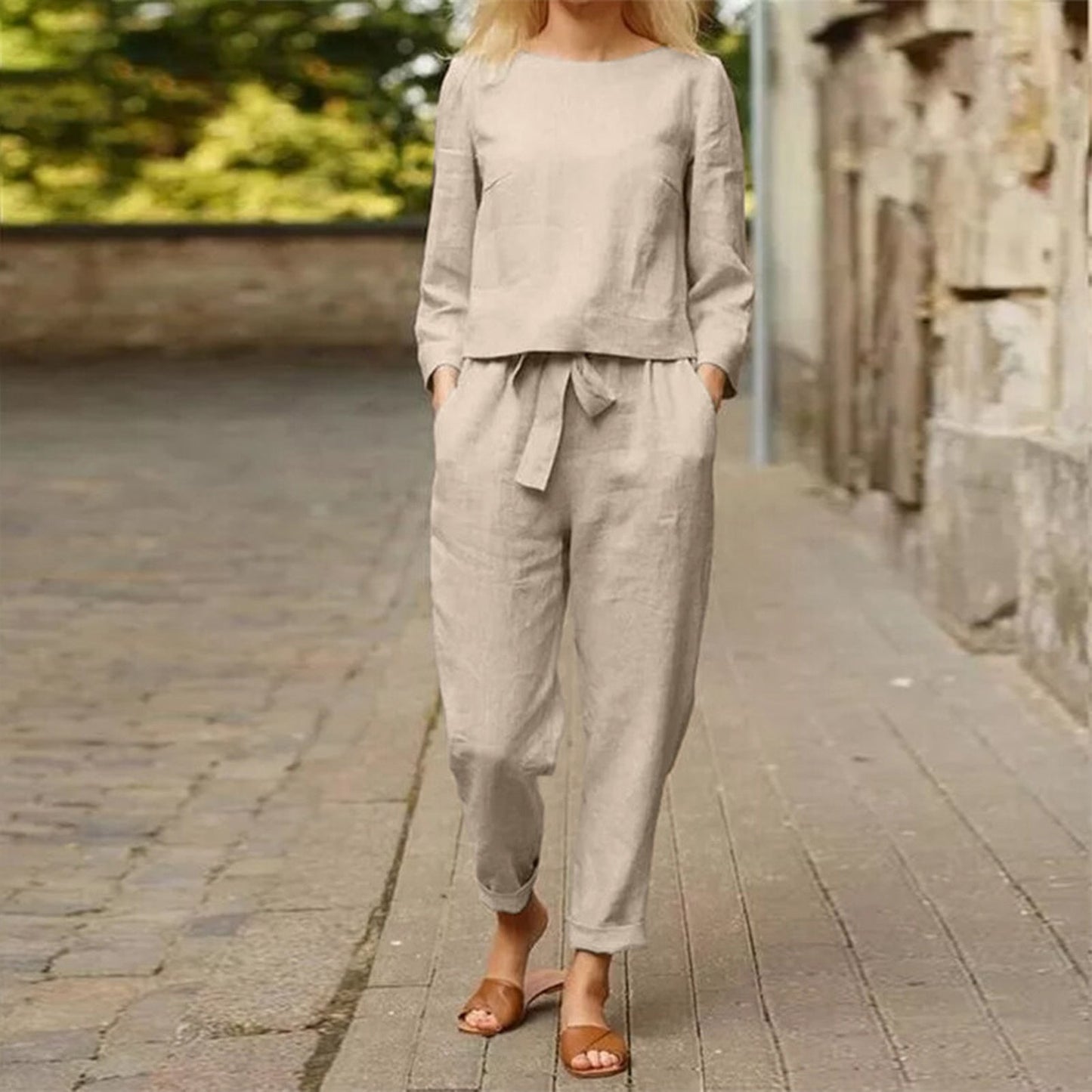 Zweiteiliges Damen Herbst-Outfit mit Rundhals-Shirt & Hose mit Gummibund – Nia