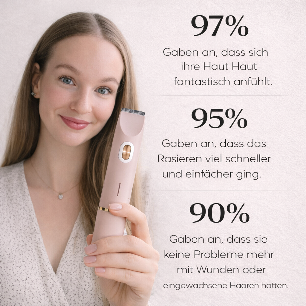 Frau mit langen Haaren hält den rosa Trimmer neben ihr Gesicht, rechts stehen drei Prozentwerte zu Kundenzufriedenheit.
