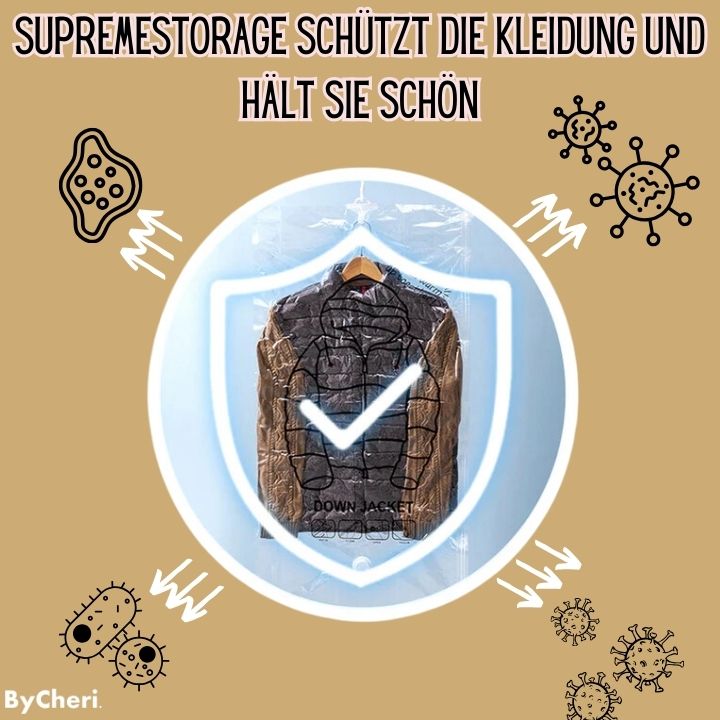Jacke im transparenten Vakuumbeutel mit Schutzsymbolen auf beigem Hintergrund
