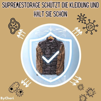 Jacke im transparenten Vakuumbeutel mit Schutzsymbolen auf beigem Hintergrund