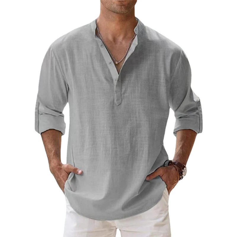 Herren-Leinen-Henley-Shirt in Hellgrau, Detail mit Knopfleiste