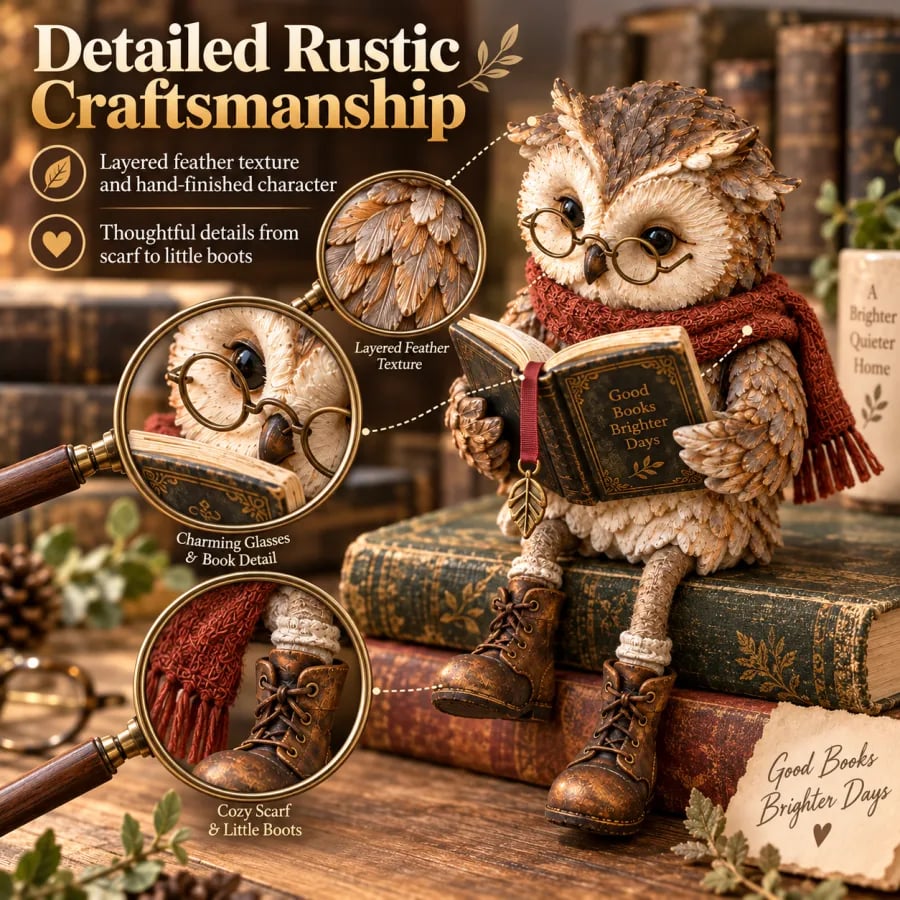 Detailansicht der Eulenfigur mit Lupen-Ausschnitten auf Federstruktur, Brille, Buch, Strickschal und braune Schnürstiefel. 4