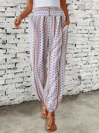 Boho High-Waist Damenhose mit Print & gesmoktem Bund – Linara