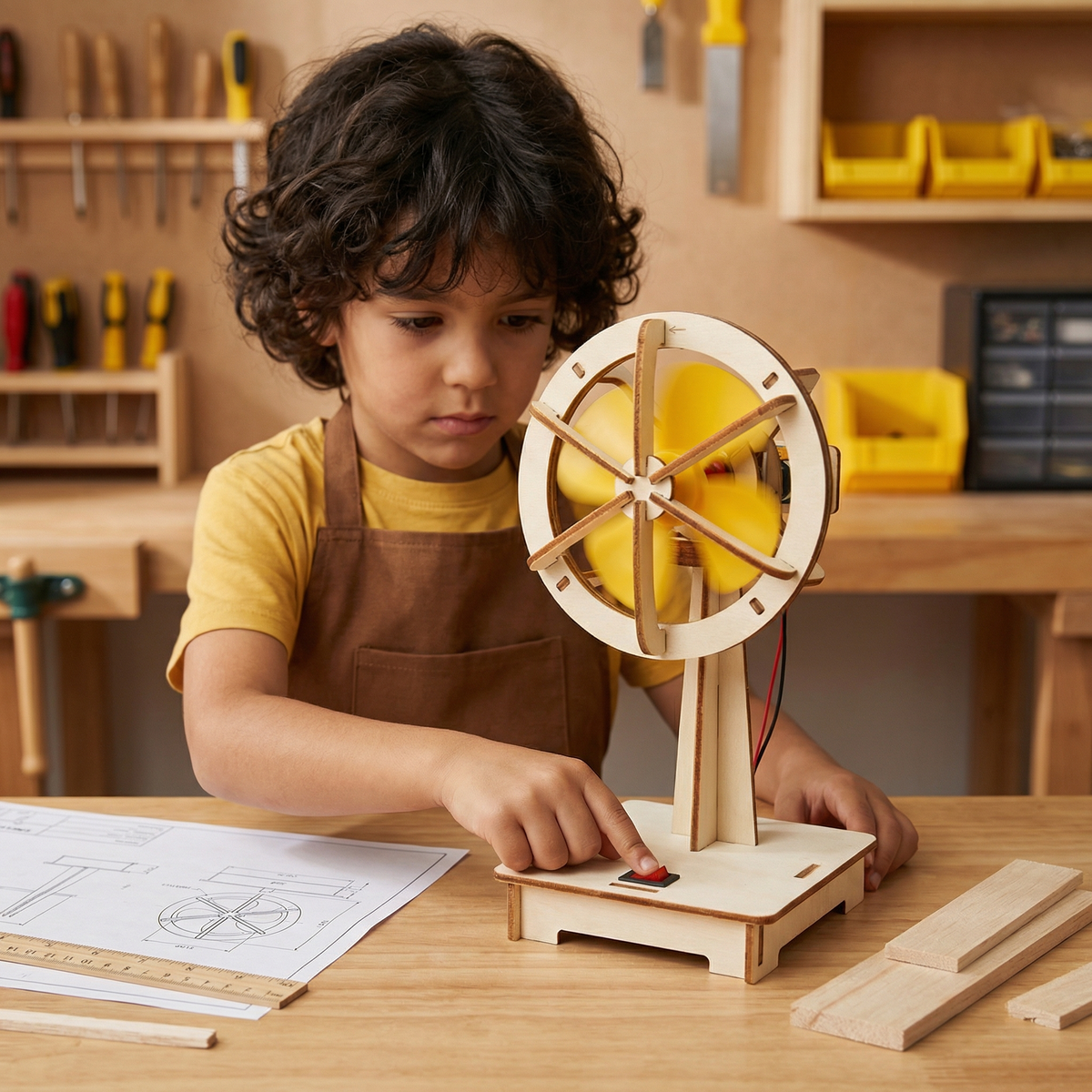 Holz STEM Bausatz mit gelben Rotorblättern und Bauplan