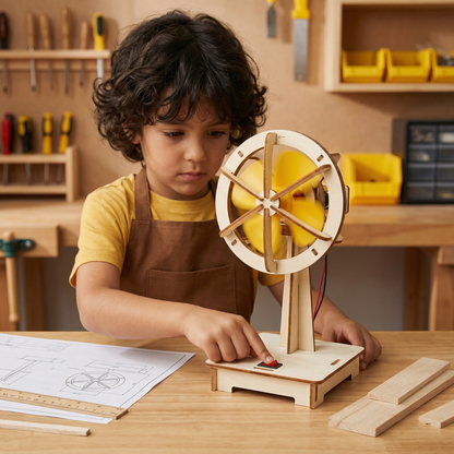 Holz STEM Bausatz mit gelben Rotorblättern und Bauplan