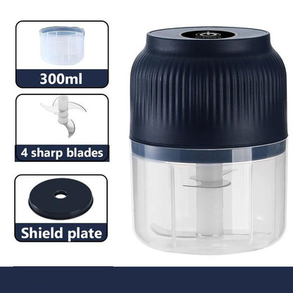 USB-wiederaufladbarer Mini-Zerkleinerer mit transparenter 300-ml-Schüssel und Klingeneinsatz mit vier Klingen.