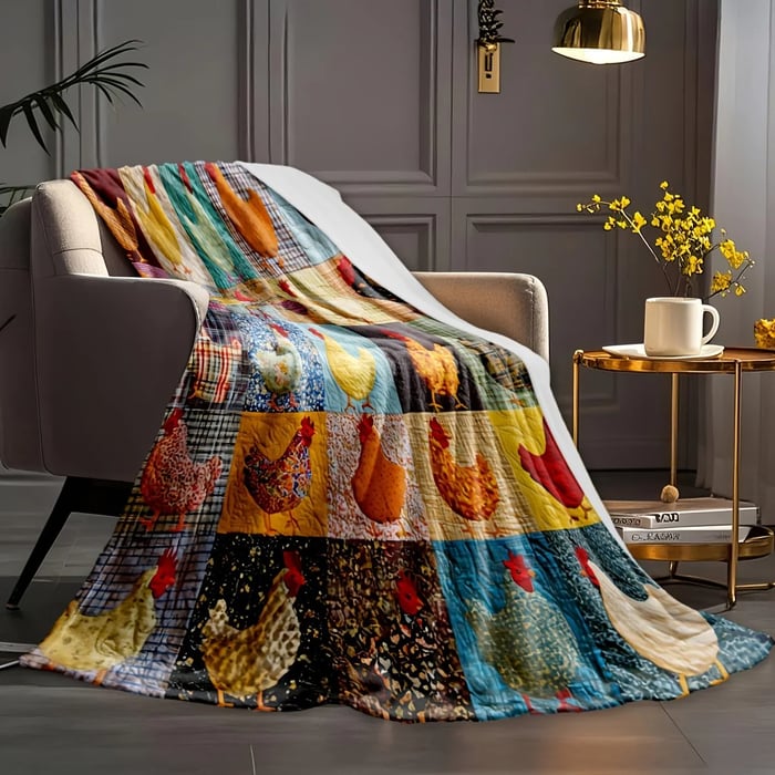 Bunte Hühner-Patchworkdecke über einem Sessel drapiert, daneben ein goldener Beistelltisch mit Tasse 15