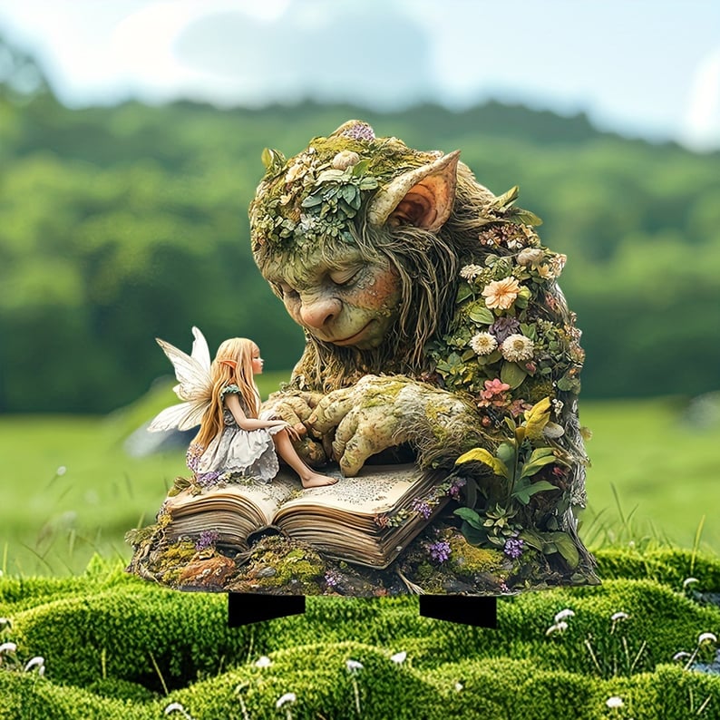 Acrylic Gartenstecker mit Moos-Troll, Blumen und kleiner Fee auf einem Buch