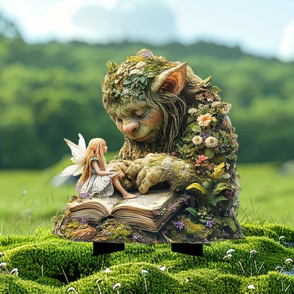 Acrylic Gartenstecker mit Moos-Troll, Blumen und kleiner Fee auf einem Buch