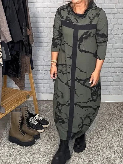 Herbstliches Kleid mit langen Ärmeln und Retro-Muster – Livienne