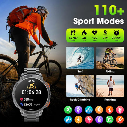 Militärische Smartwatch für Männer mit 1,85" HD-Bildschirm und Taschenlampe