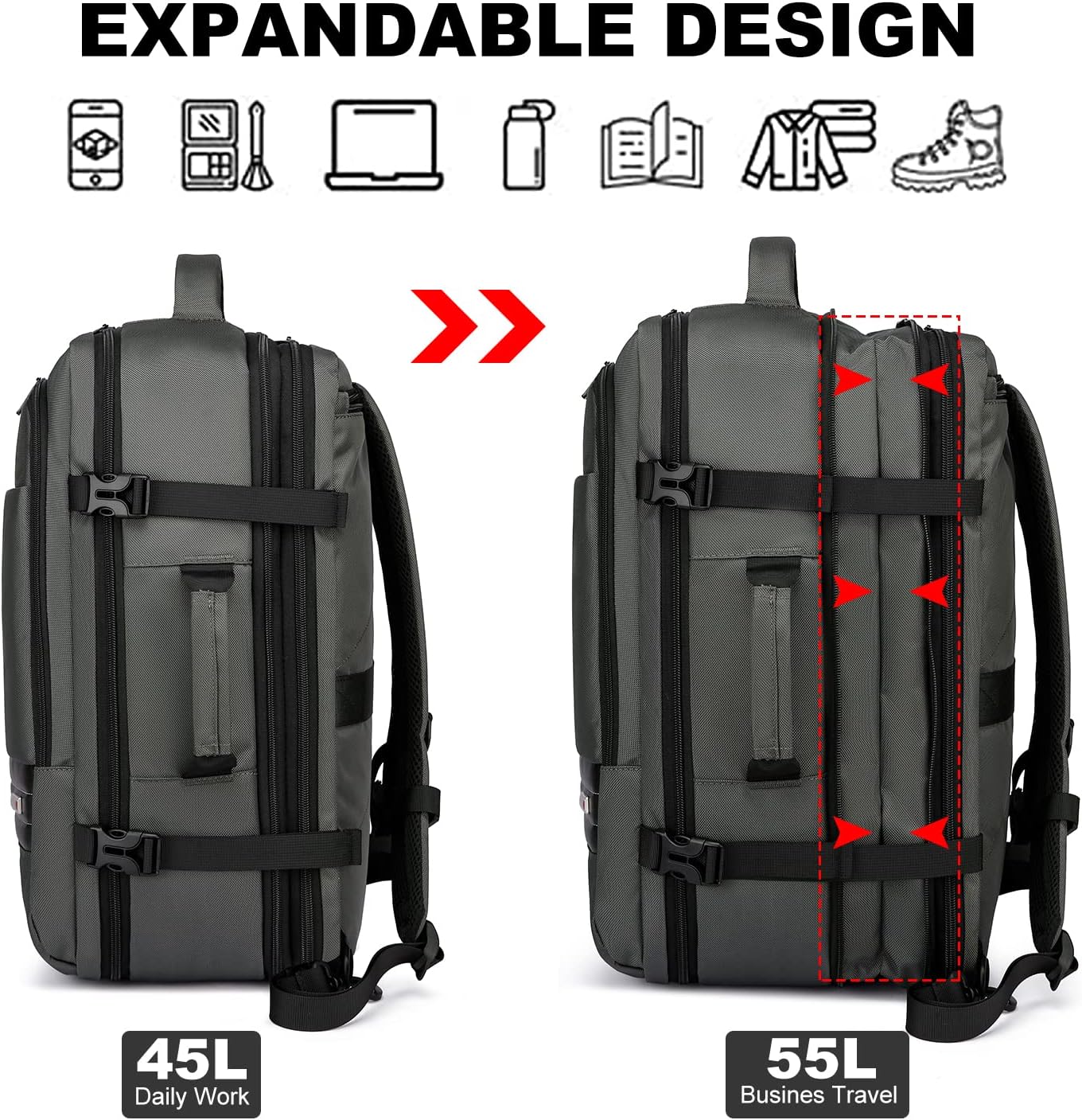 Erweiterbarer 45–55L Wasserdichter Reiserucksack mit 46,5 cm Laptopfach